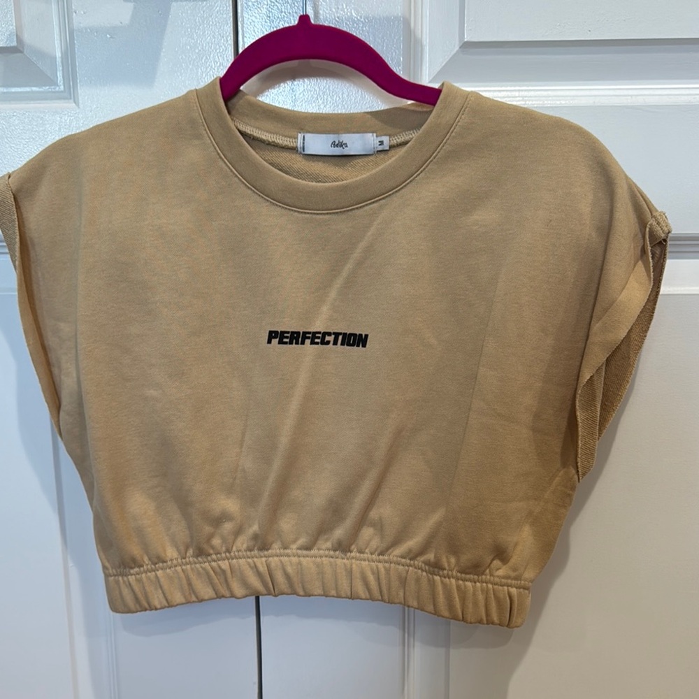 Tan Cropped Sweatshirt and shorts set with 'Perfection' Print